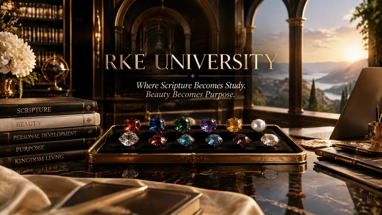 A grayscale jewel-inspired scene for RKE University's Beauty in the Bible program